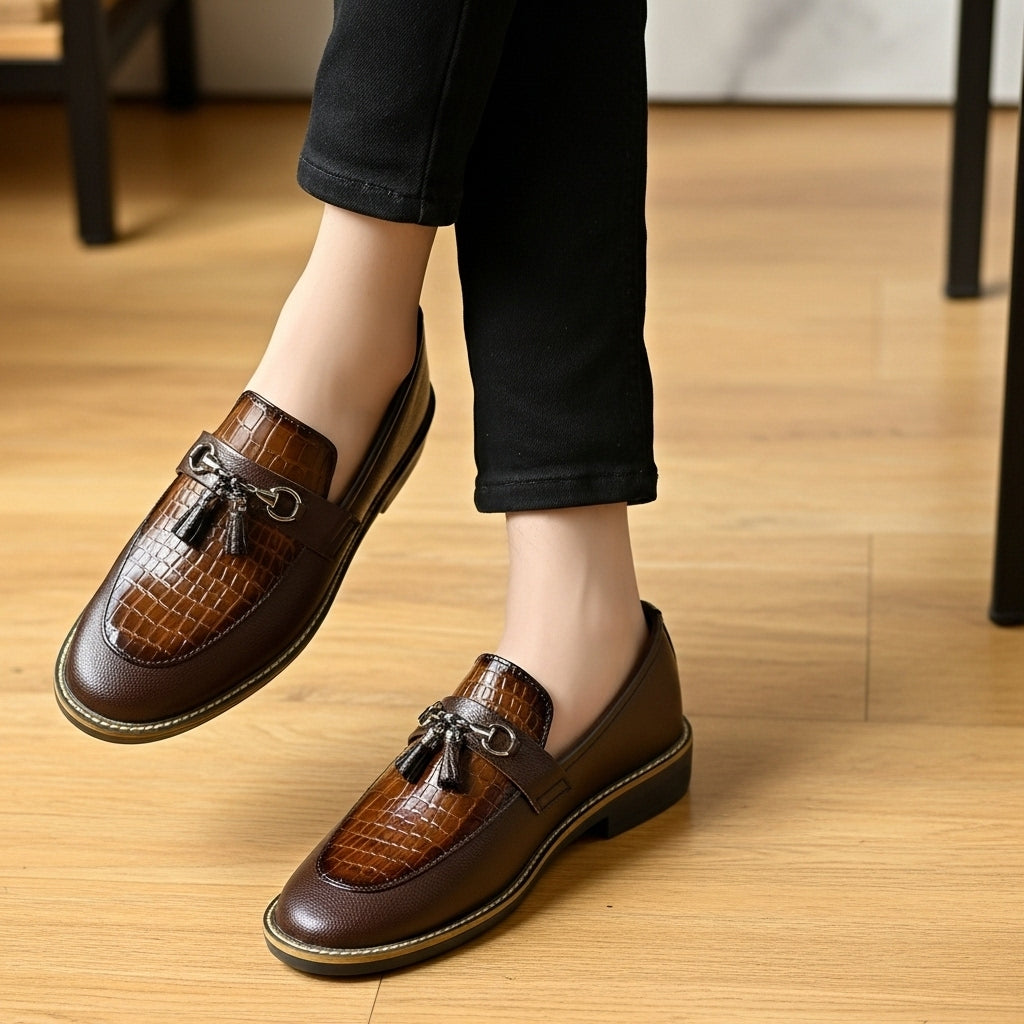 Handmade Stitched Alligator Textured Dark Brown Premium Leather Loafers: Slip-On Dress Shoes